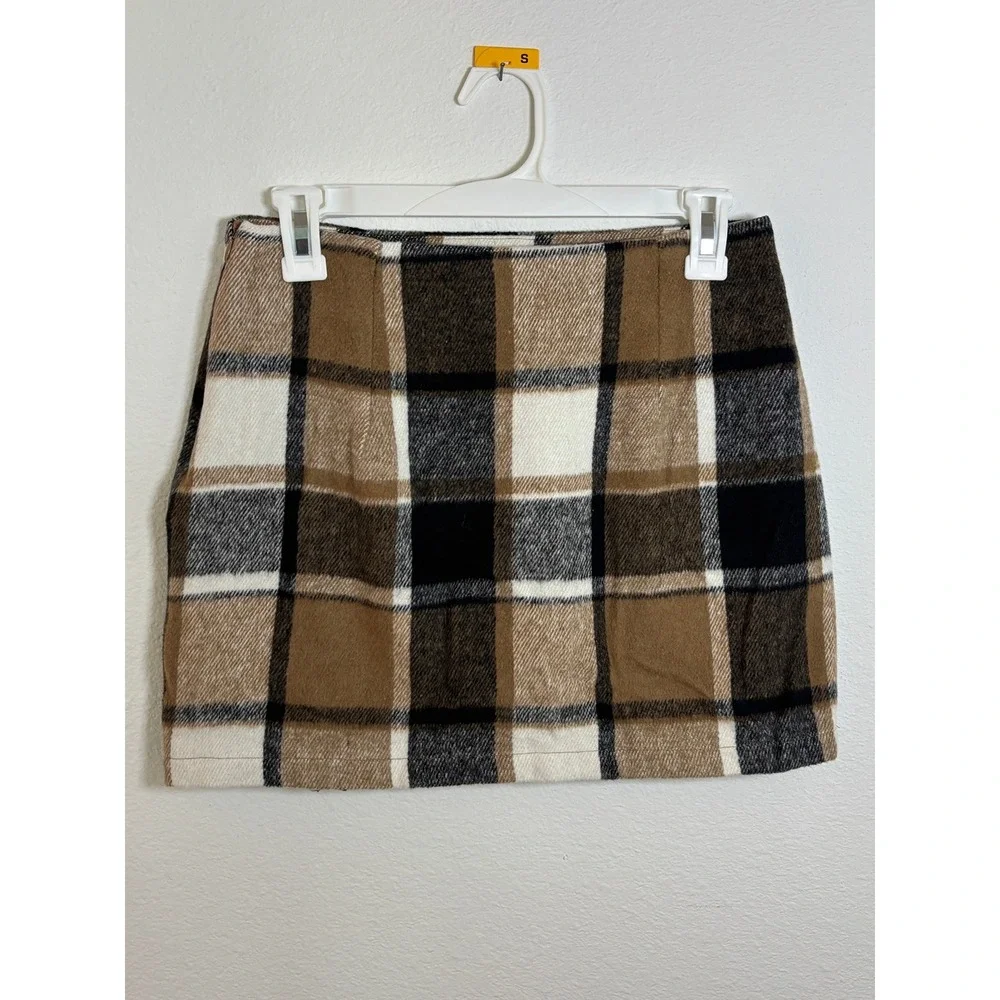 Eye Candy Brown Plaid Wool Blend Mini Skirt Checkered Academic Size Small